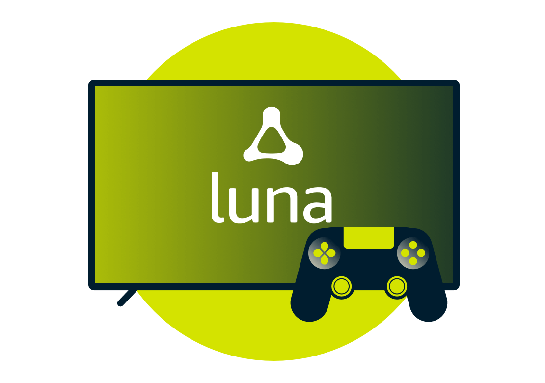 Amazon Luna-logotyp p&aring; sk&auml;rm med en kontroll.