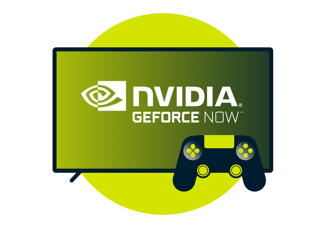 Nvidia GeForce Now logga p&aring; en sk&auml;rm med en kontroll.