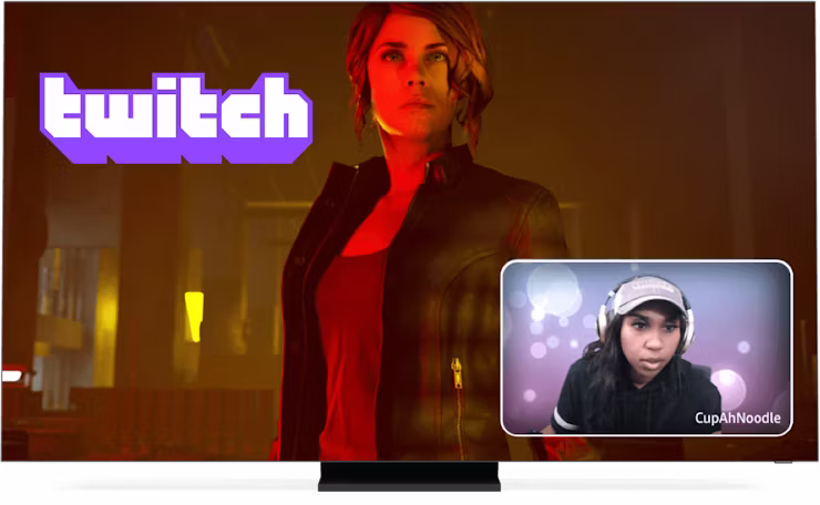 Twitch-logotyp, spel och streamer p&aring; en sk&auml;rm.