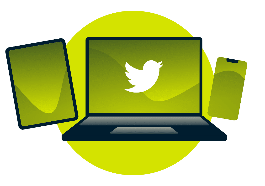 En b&aelig;rbar PC, nettbrett og telefon med Twitter-logoen.