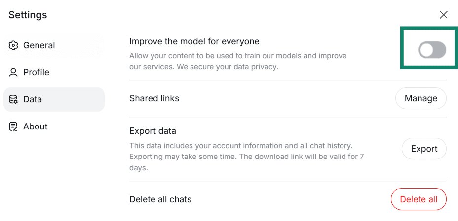 The DeepSeek settings page with Improve the model for everyone option turned off.