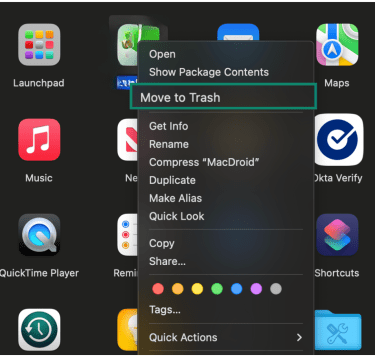 macOS Applications folder with an app selected and the