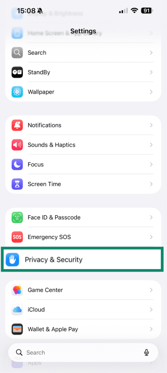Privacy & Security settings on iPhone.