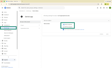 The Gemini app in the Google Admin console. Showing Service status options.