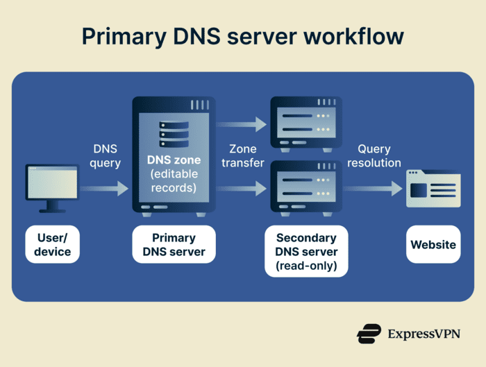 Primary DNS server workflow with zone transfer and query resolution.