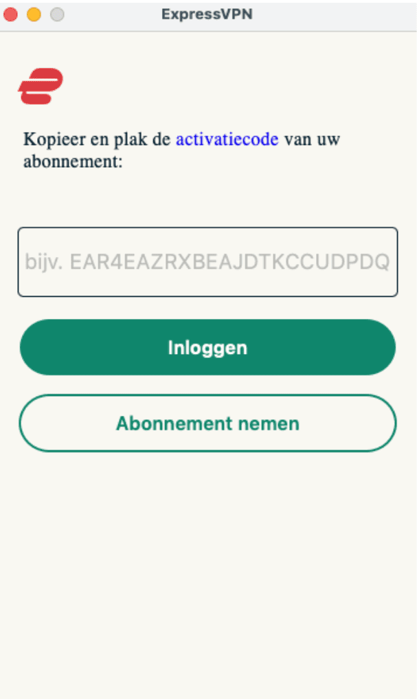 ExpressVPN app with the options to activate a user