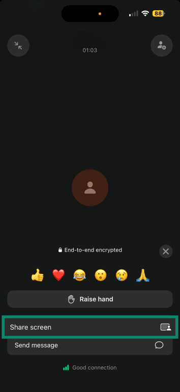 Share screen icon in the WhatsApp mobile app
